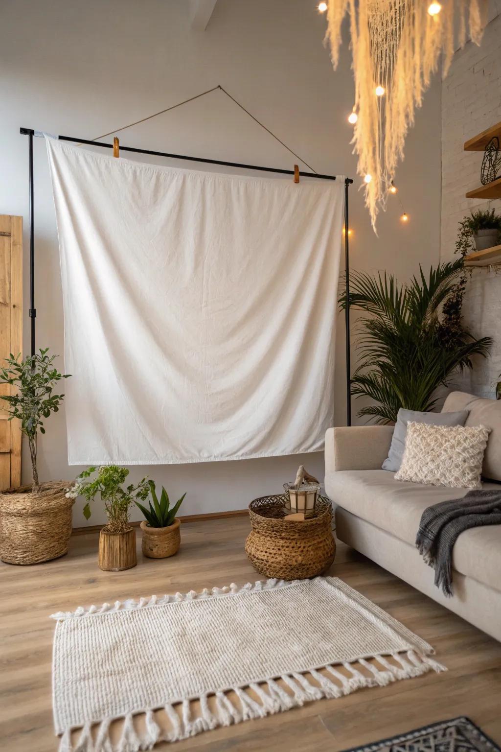 Transform your movie nights with a touch of minimalist magic and boho charm—DIY your own projector screen for the ultimate cozy experience!