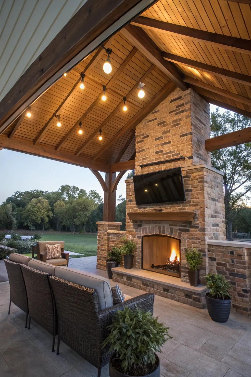 A covered patio with a TV setup is perfect for all-weather enjoyment.