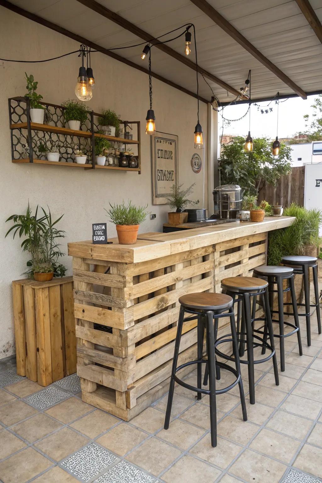 A spacious L-shaped pallet bar, perfect for social gatherings.