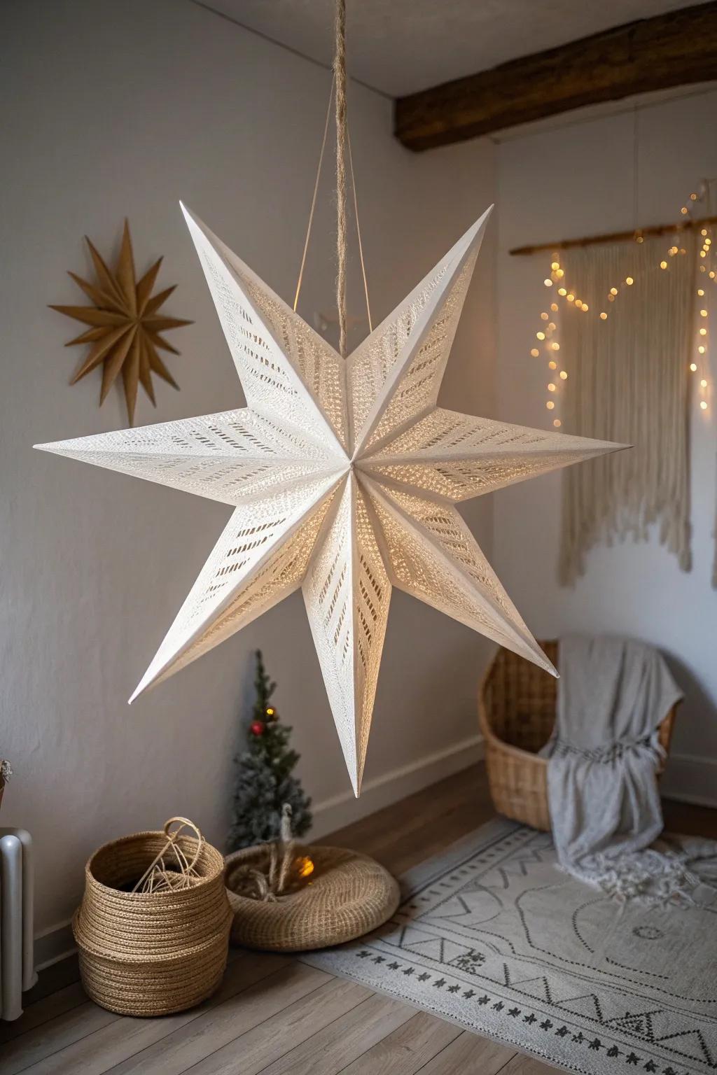 Elevate your space with the serene beauty of a handcrafted 3D paper star, where minimalist design meets bohemian charm.