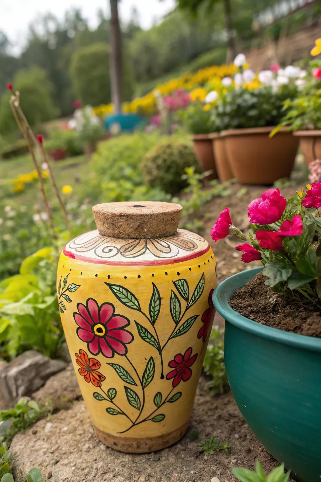 Charming clay pot coin bank for garden lovers.