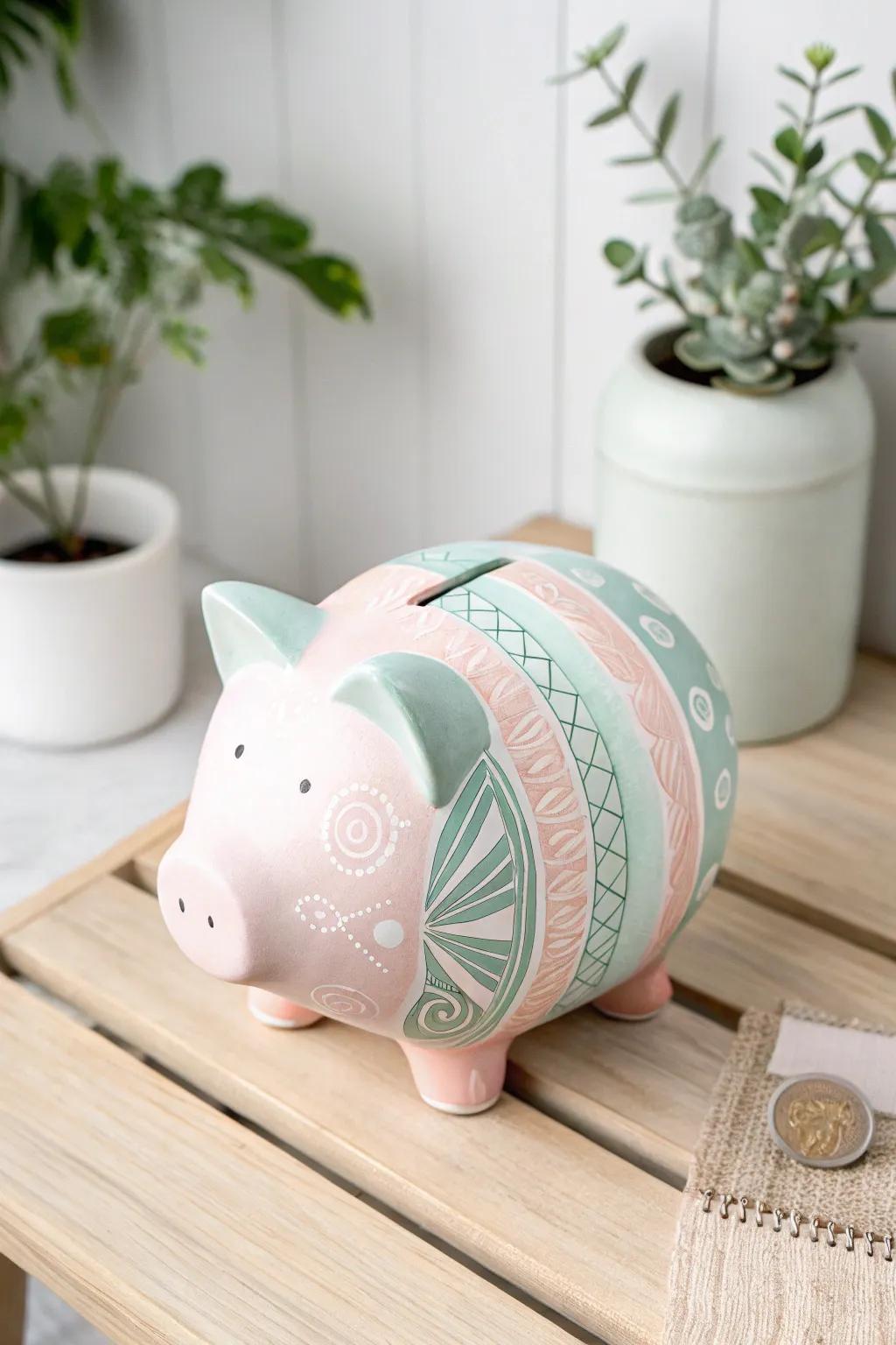 Add a touch of personal charm with a handcrafted clay piggy bank, where simplicity meets boho elegance.