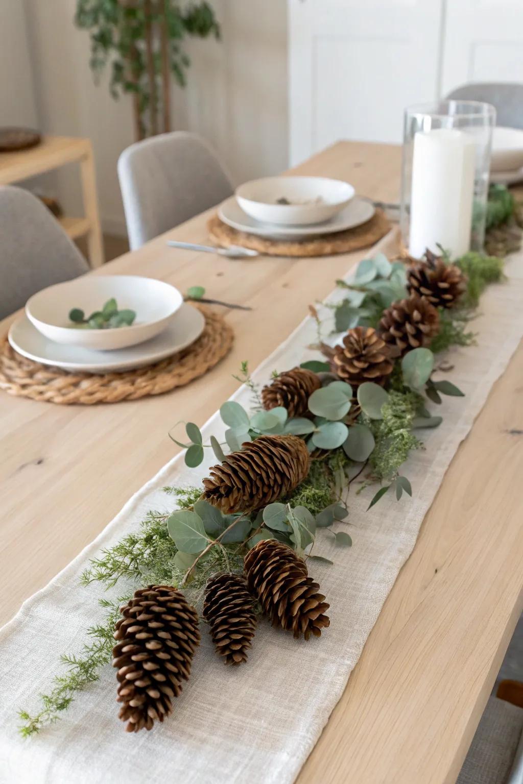 Elevate your tablescape with a simple yet stunning pine cone runner that embodies natural elegance and minimalist charm.