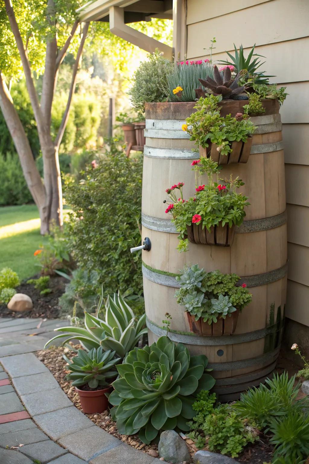 A vertical garden rain barrel, showcasing a vibrant display of greenery.