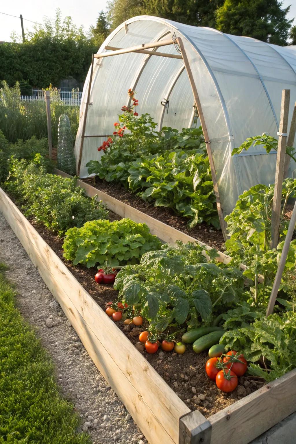 A raised garden bed transformed into a protective hoop house.