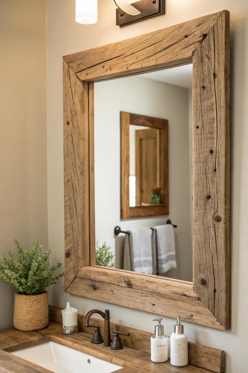Transform your bathroom with a touch of rustic charm using a DIY wood-framed mirror. Embrace simplicity and elegance with reclaimed beauty.