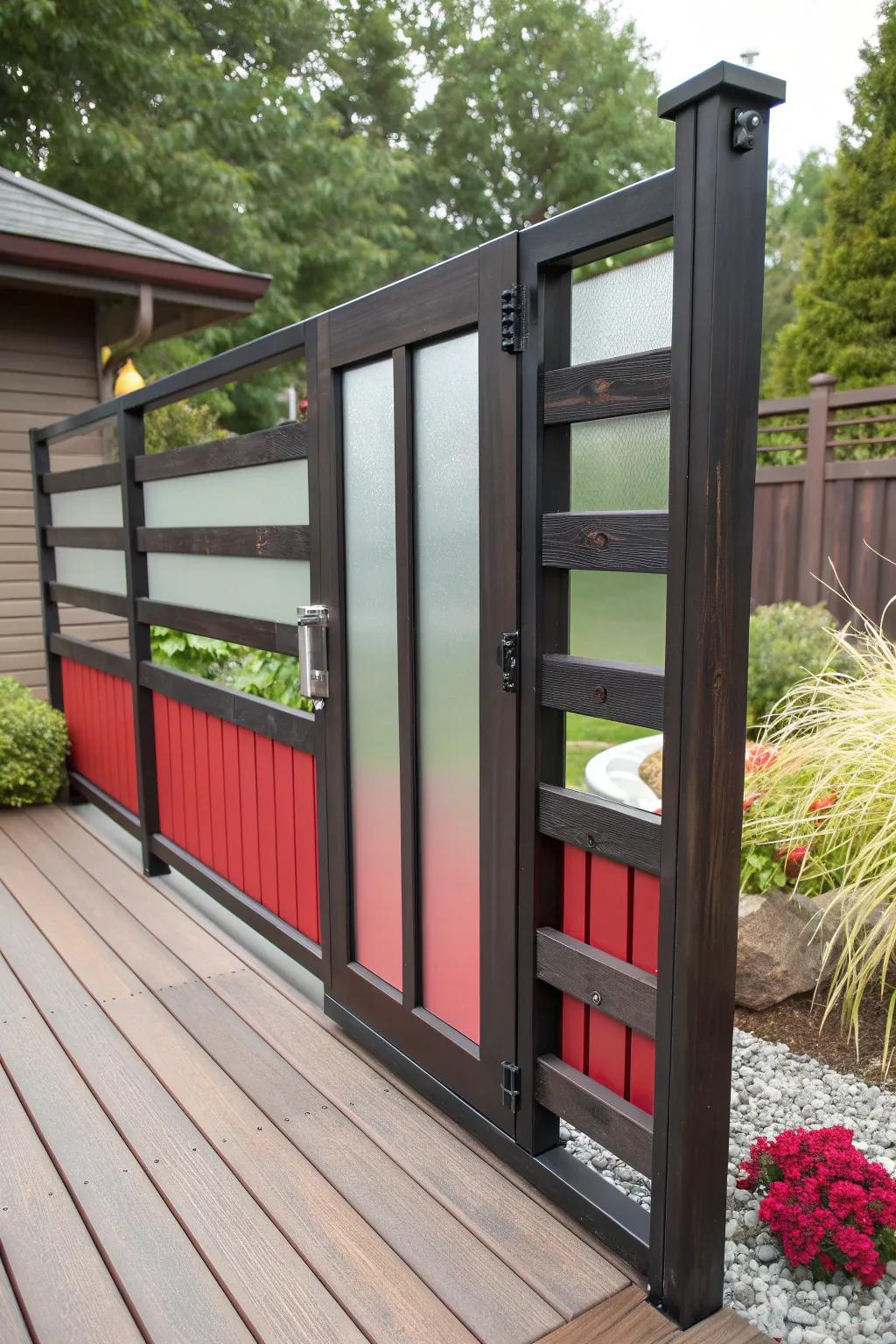 Elevate your outdoor space with a modern sliding deck gate featuring frosted glass inserts for a perfect blend of style and privacy.