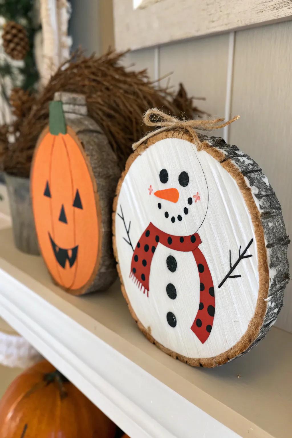 Two seasons in one, this wood slice snowman is versatile and fun.