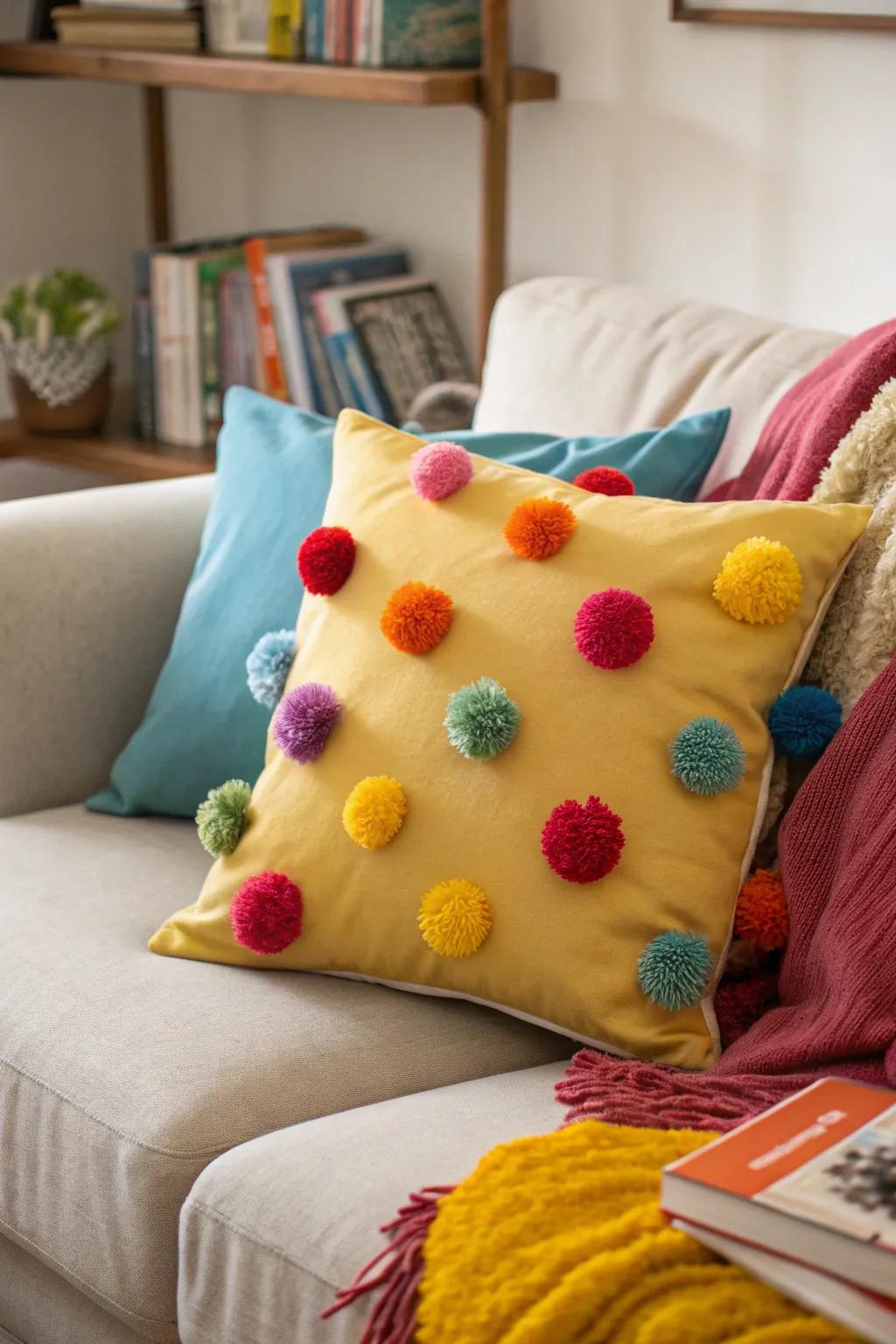 Pom pom pillows add a playful and colorful touch to any seating area.