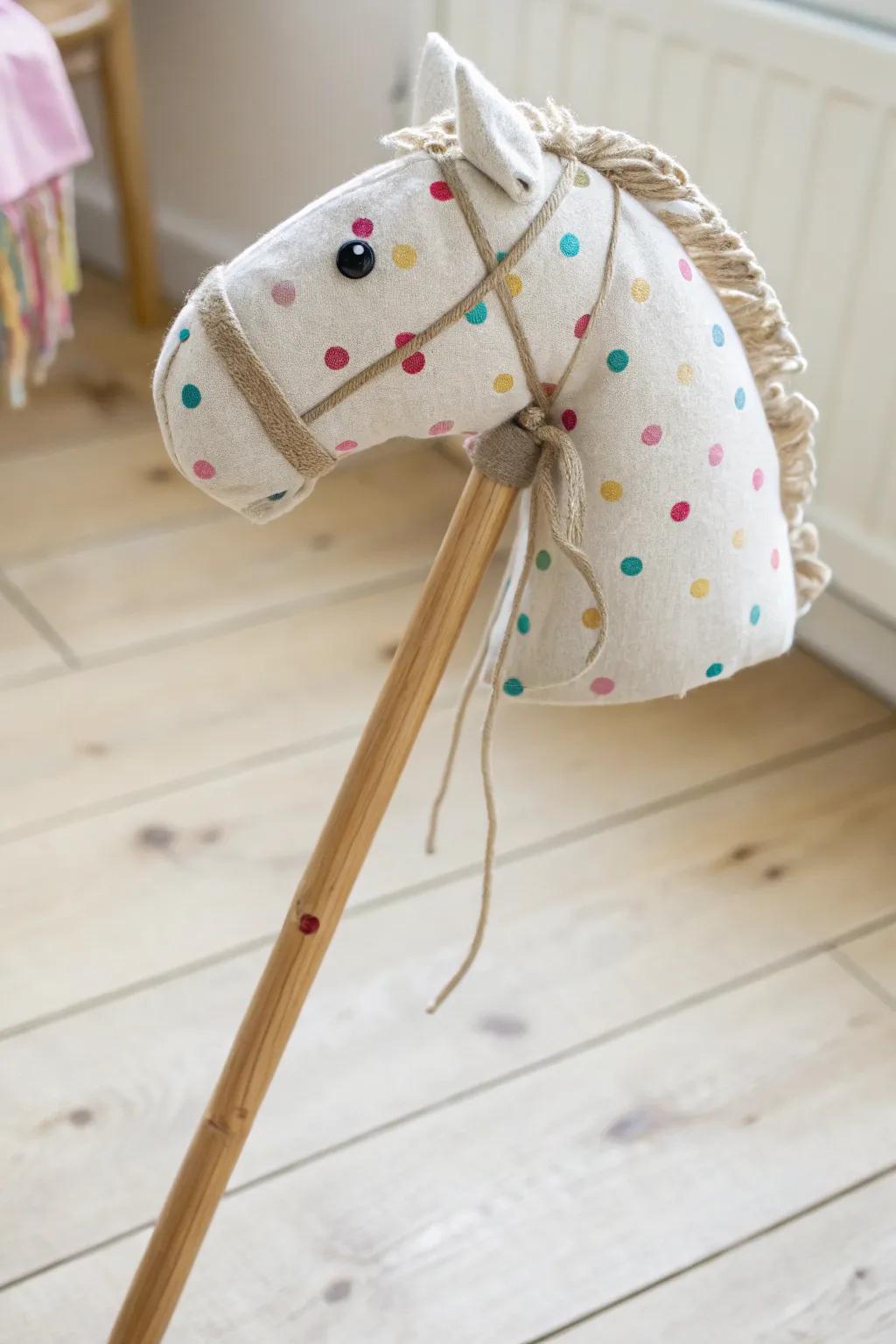 Crafted with love: A playful polka dot stick horse that brings smiles and sparks joy.