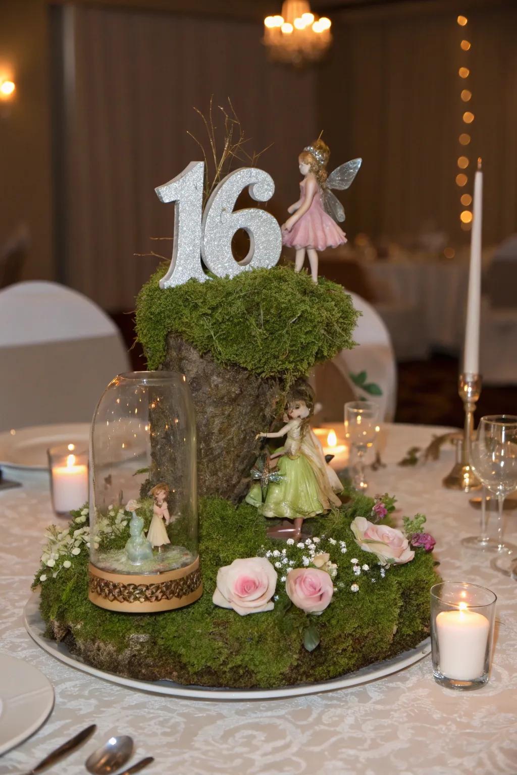 Moss and figurines create a whimsical and fairytale-like centerpiece.