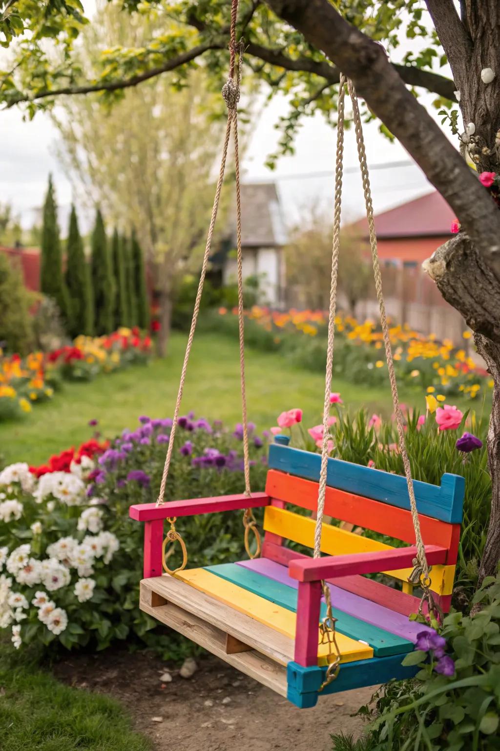 A colorful pallet swing, adding personality and fun to the backyard.