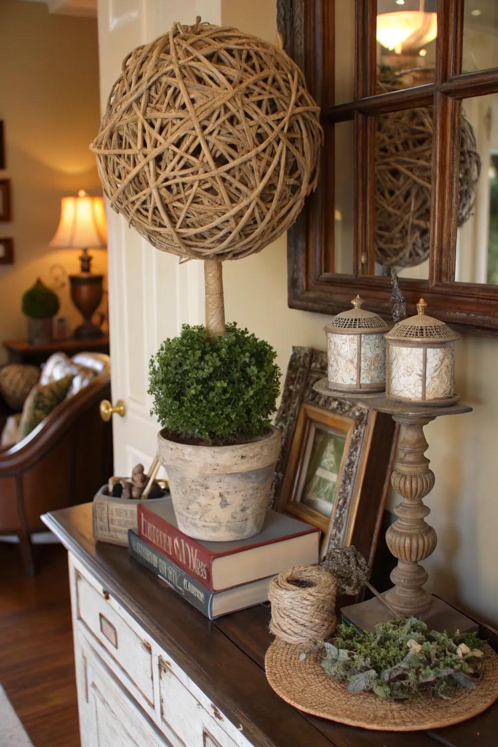 A rustic twine topiary offering a warm welcome in a farmhouse-style entryway.