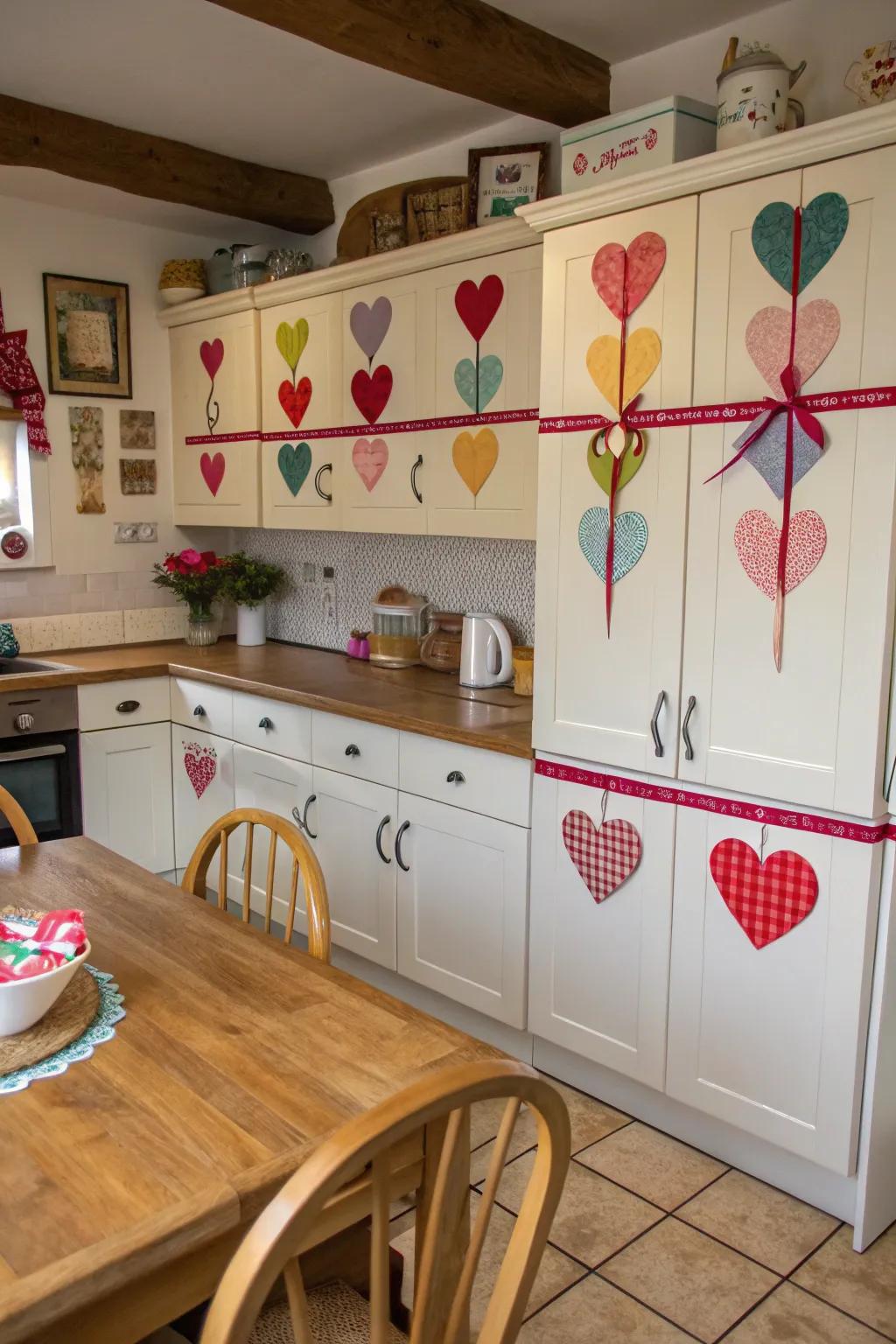 Felt heart wraps add a sweet touch to kitchen cabinets.