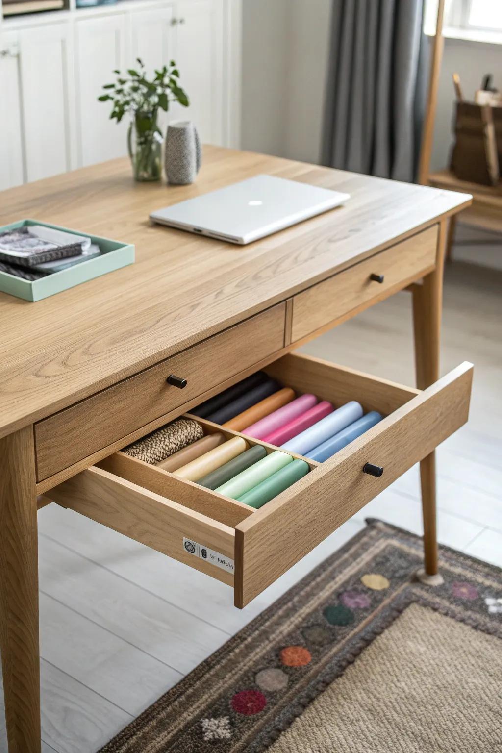 Discover the art of hidden storage: Transform your crafting space with this sleek under-table vinyl organizer.