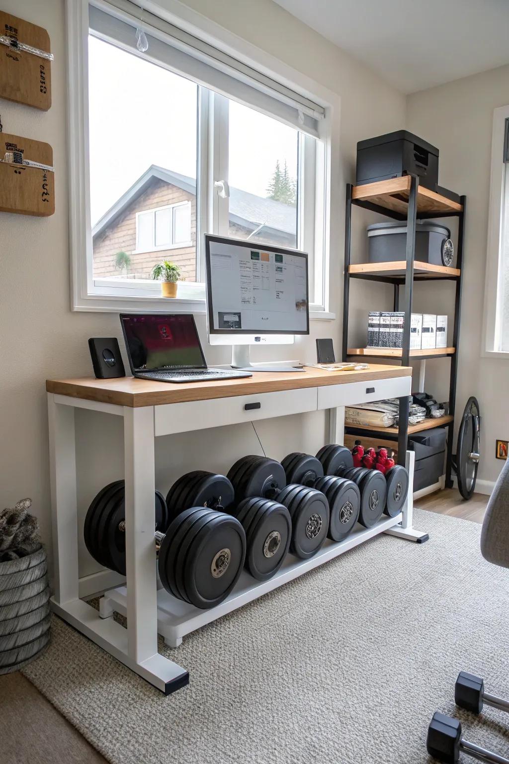 Under-desk storage integrates fitness equipment subtly into a home office.