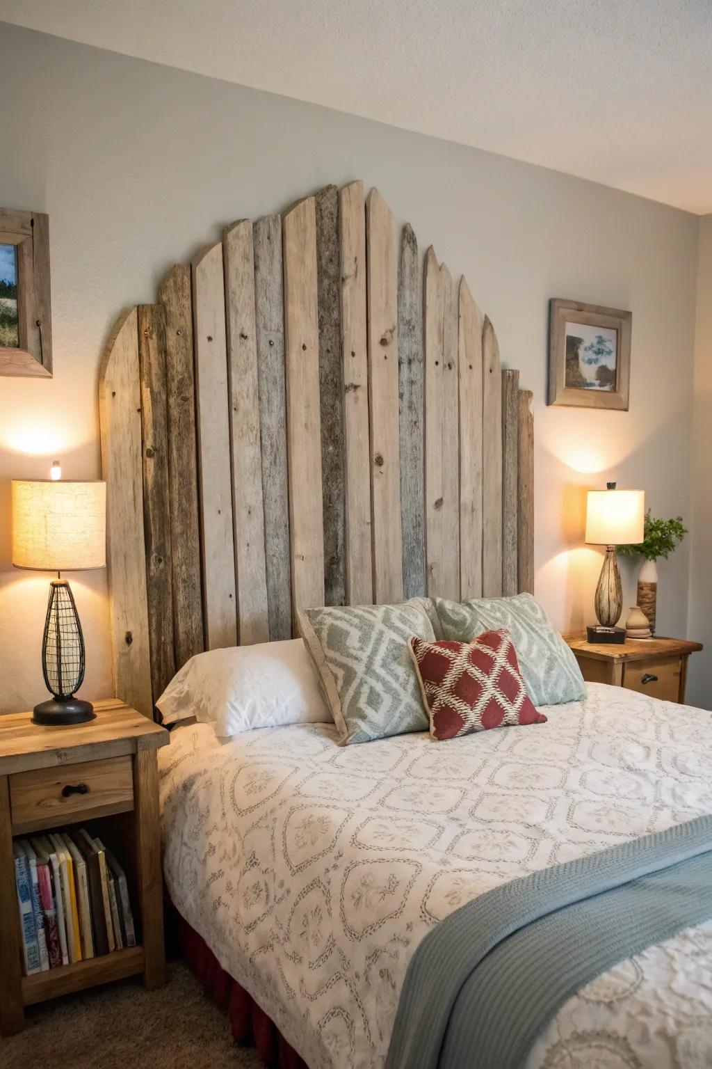 Playful design: Curvy reclaimed wood headboard.