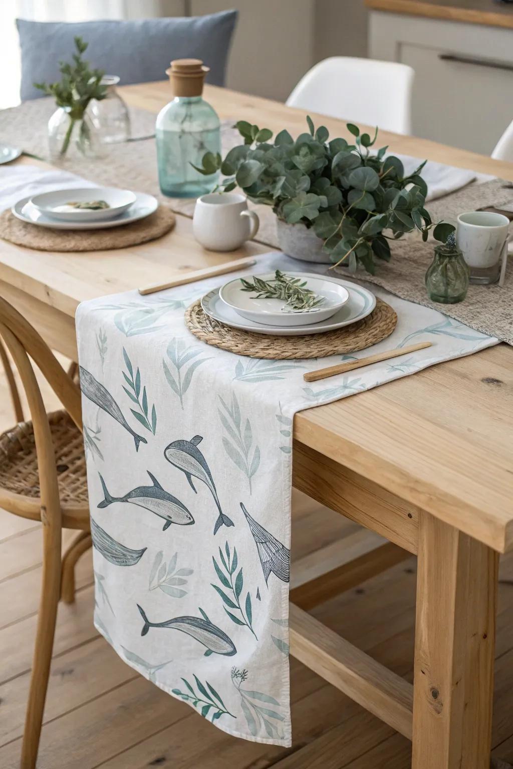 Dive into elegance with this dolphin-themed table runner, perfect for a serene and stylish dining experience.