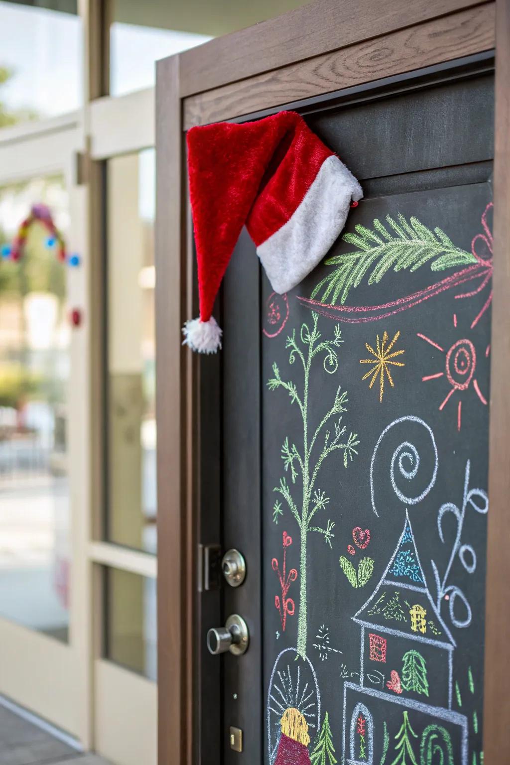 A cheerful door with a chalkboard-style holiday message.