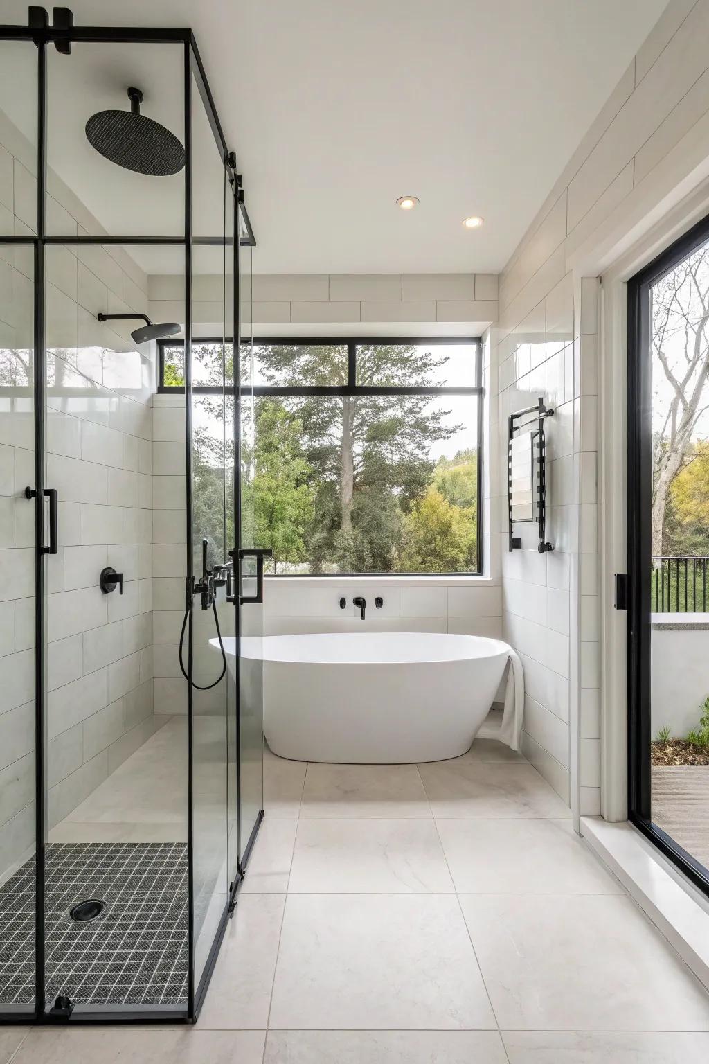 A freestanding tub complements the elegance of this doorless walk-in shower.