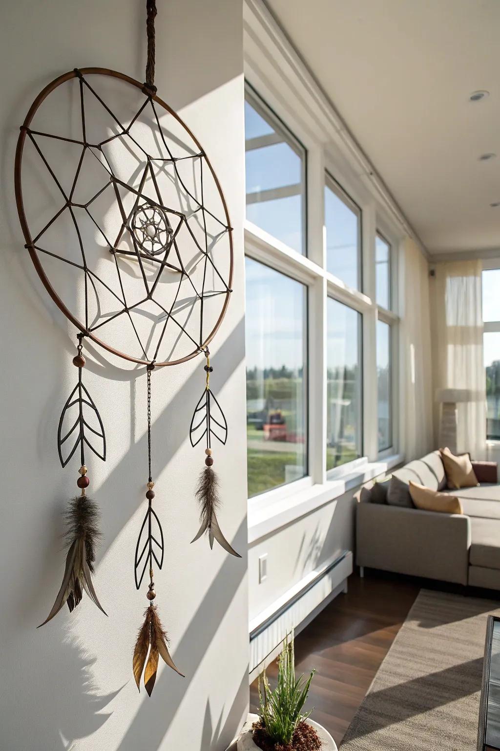 Modernize your decor with this geometric dream catcher featuring sleek lines.