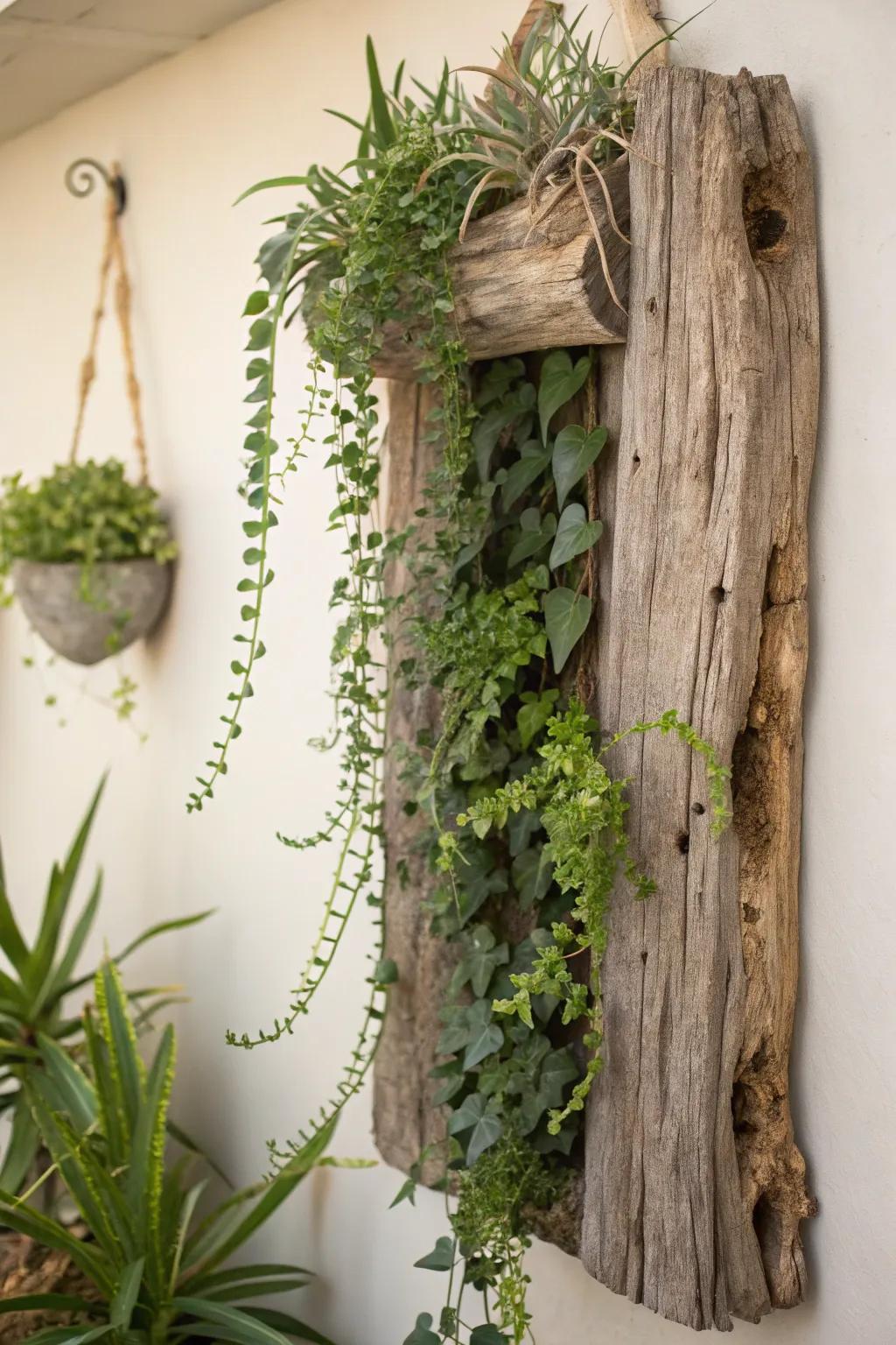 Innovative vertical driftwood planter, bringing greenery to narrow spaces.