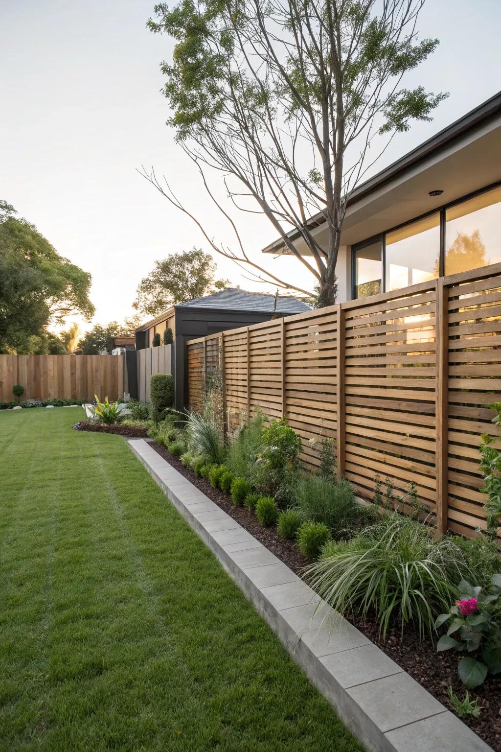 A wood slat fence adds a modern touch while providing privacy.