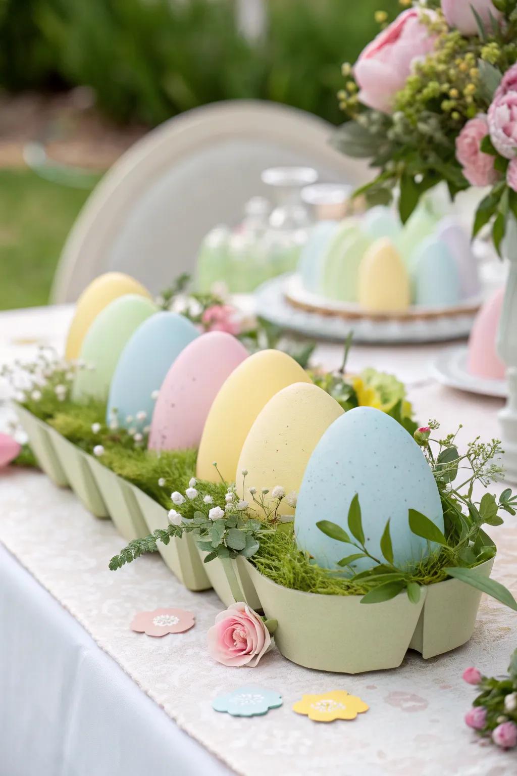 Egg-shaped invitations are a playful nod to the Easter theme.