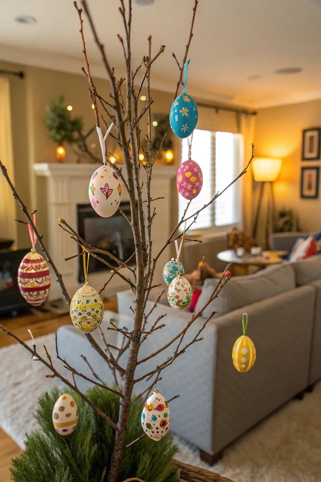 A personalized hand-painted egg tree that reflects creativity and family fun.