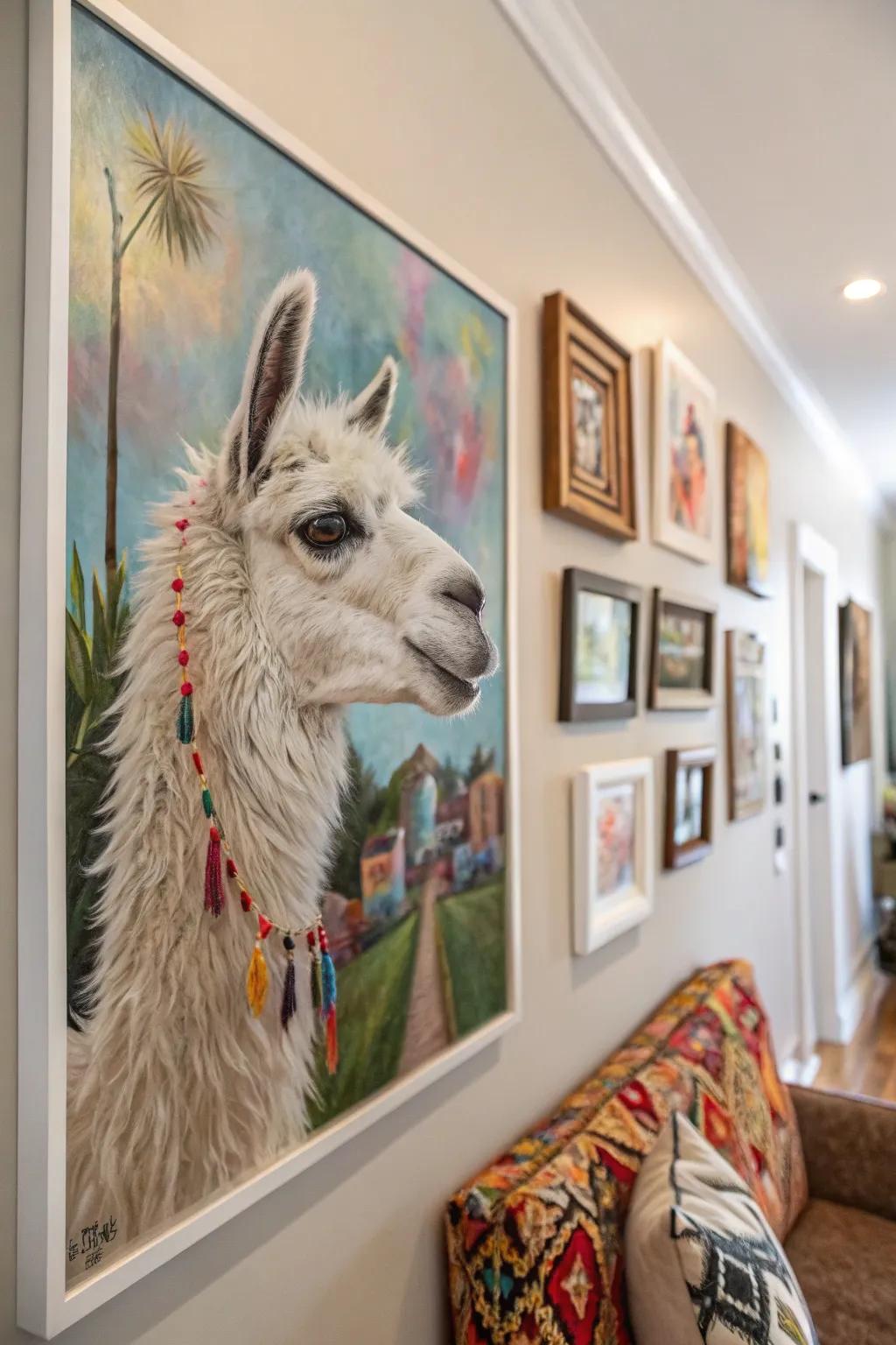 A lively llama painting that brings fun and texture to your decor.