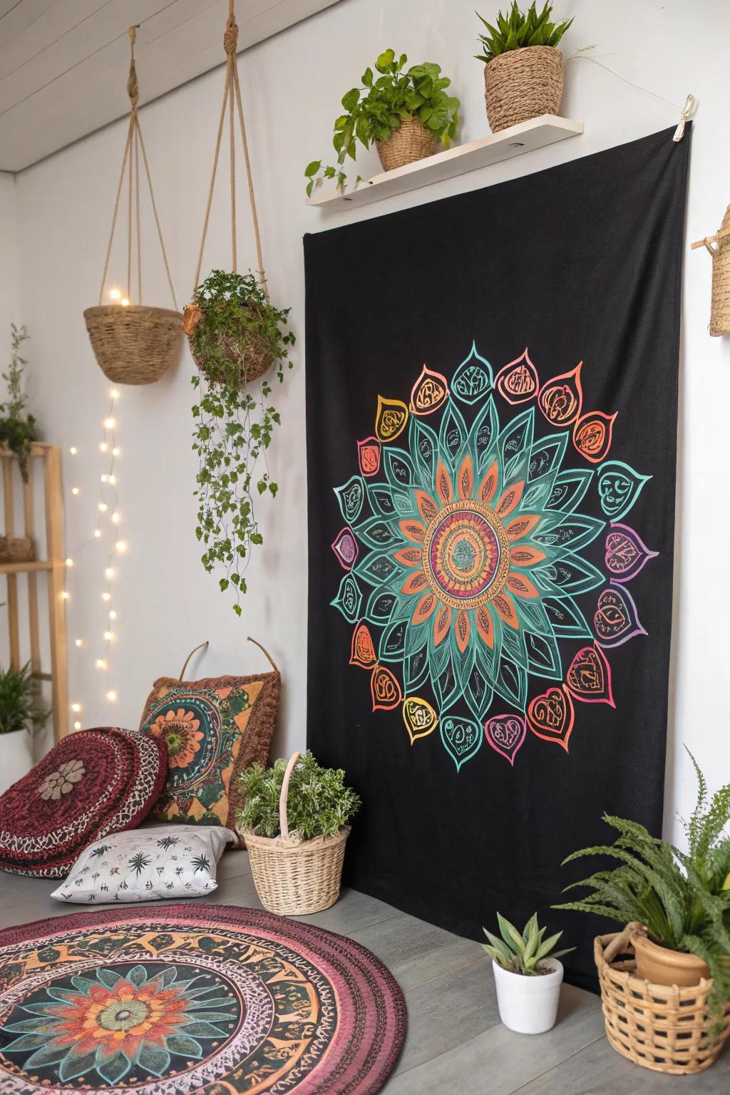 Mandalas on black canvas create a captivating focal point.