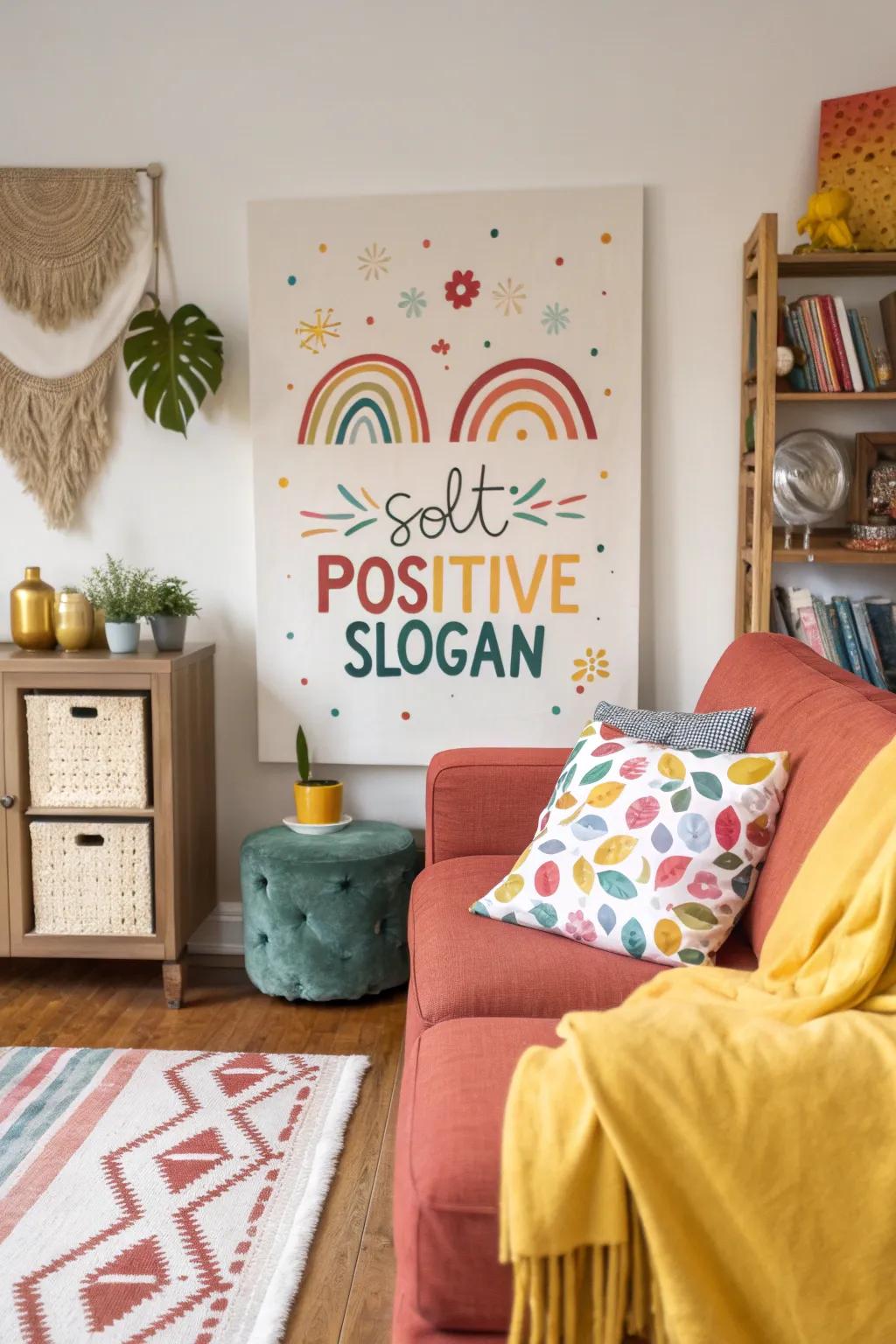 A positive slogan canvas brings good vibes to a lively living room.