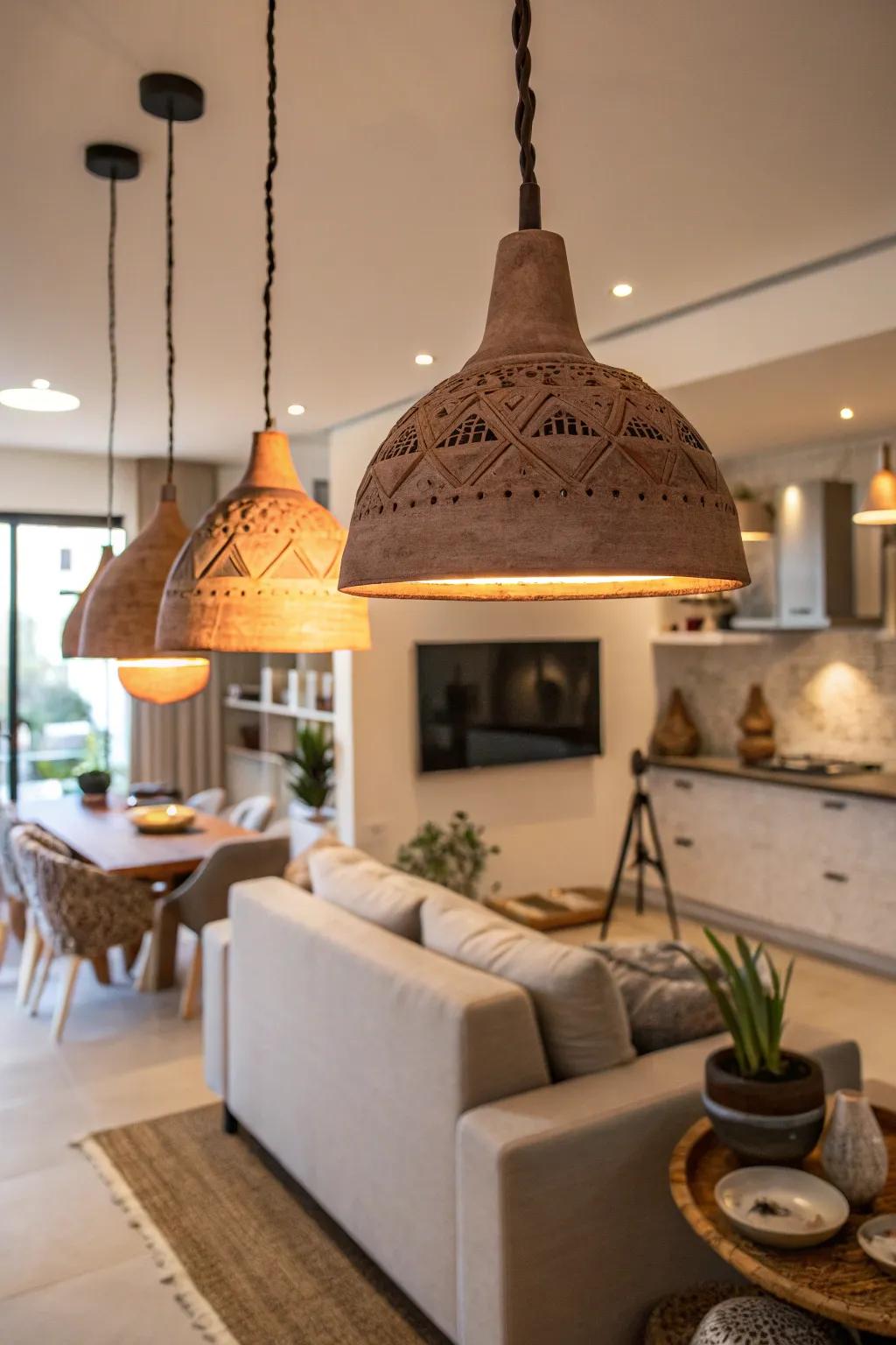 Handcrafted clay pendant lights add a unique glow to your home.