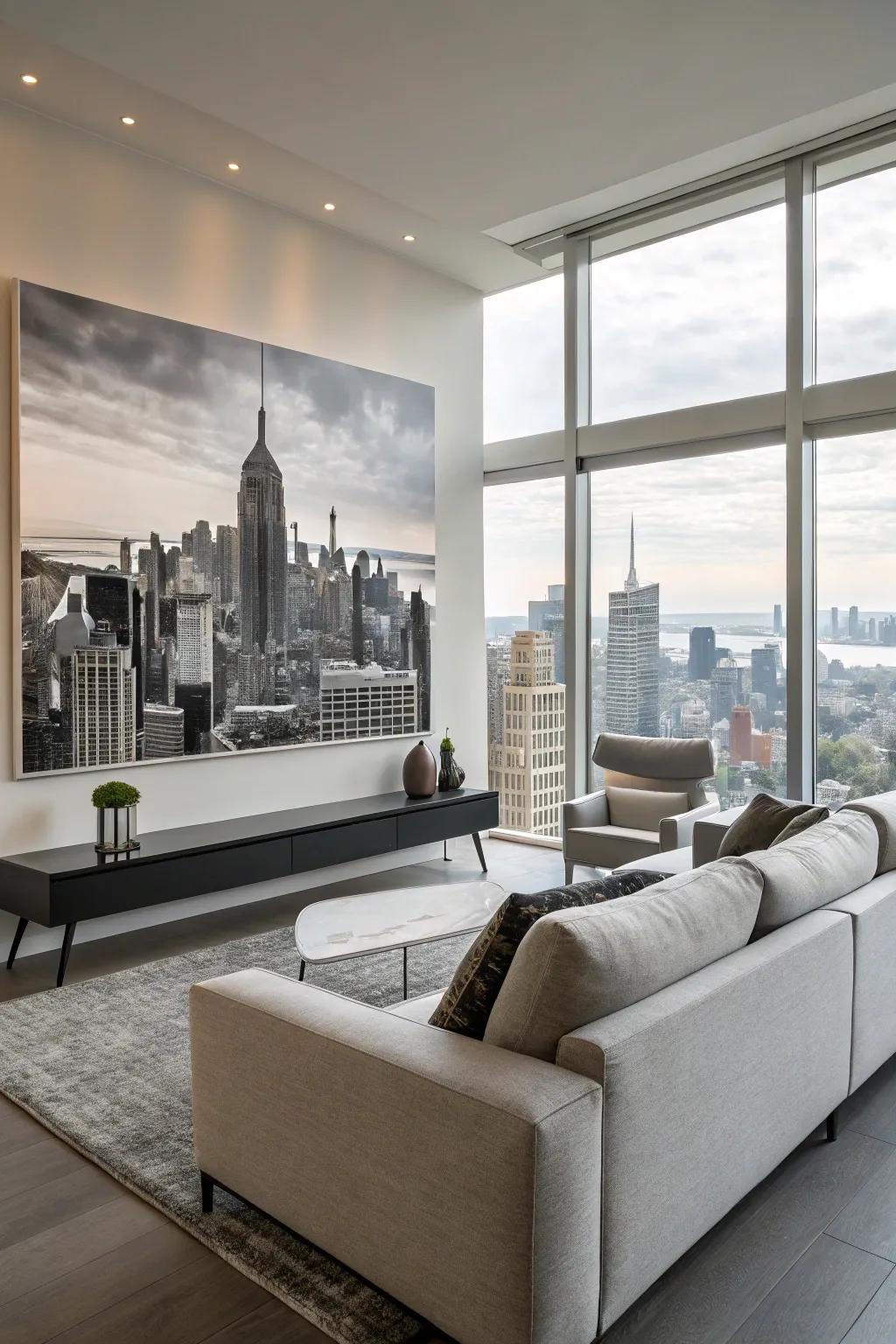 Add urban sophistication with a black and white cityscape painting.