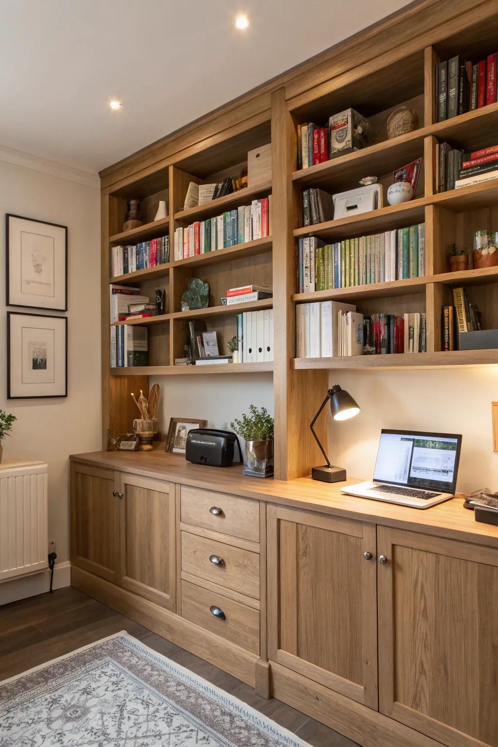 Open shelving showcases books and decor in this eclectic workspace.