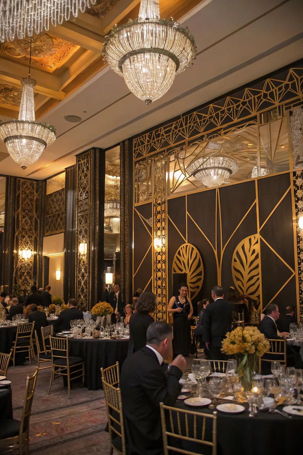 Art Deco-inspired decor elements add a thematic touch to the elegant event setting.