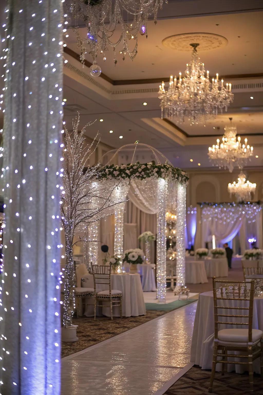 Fairy lights with silver accents create magic.