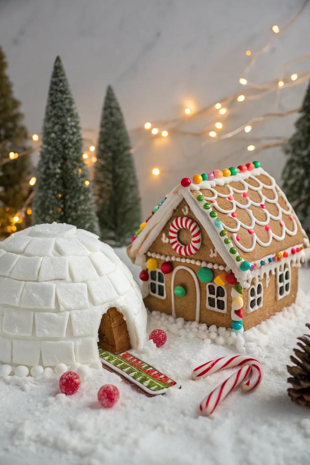 A gingerbread house with a whimsical marshmallow igloo.