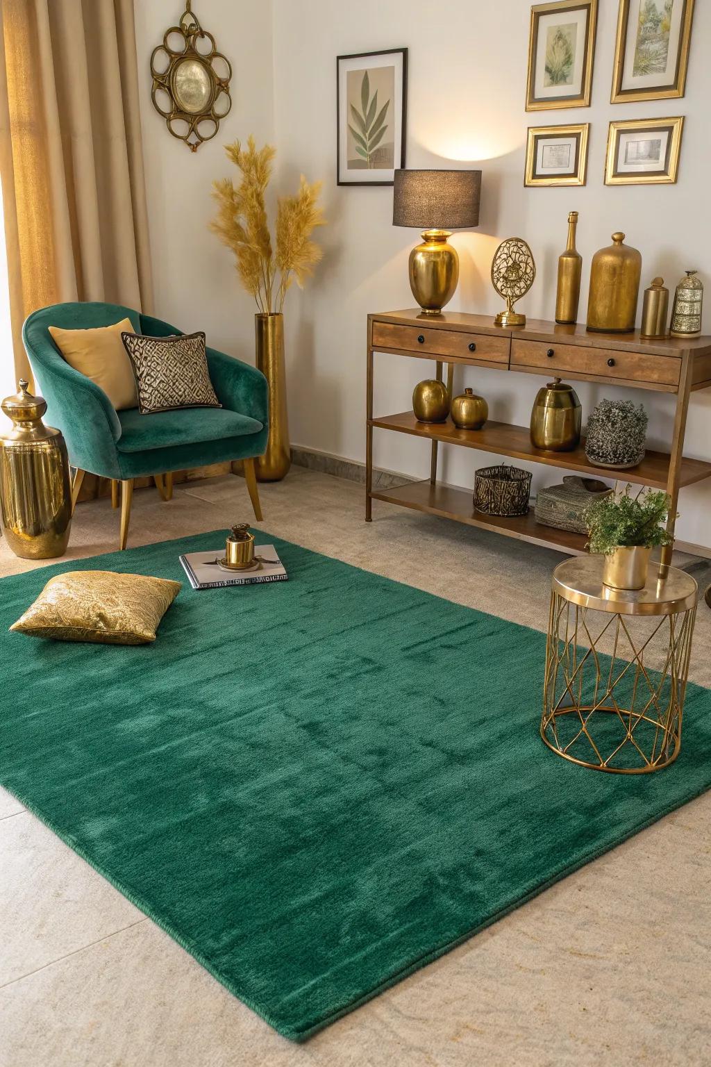 An emerald green area rug that adds warmth to a living room with gold decor.