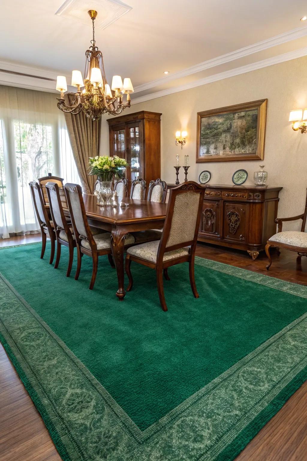 A green rug adds warmth and cohesion to your dining room.