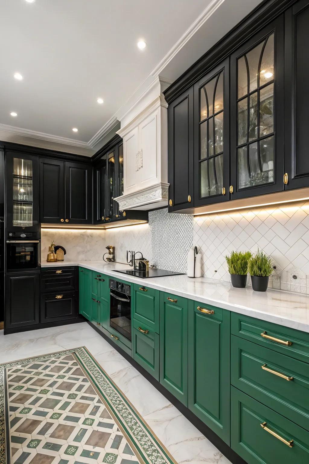 A bold kitchen design with emerald accents complemented by black and white.