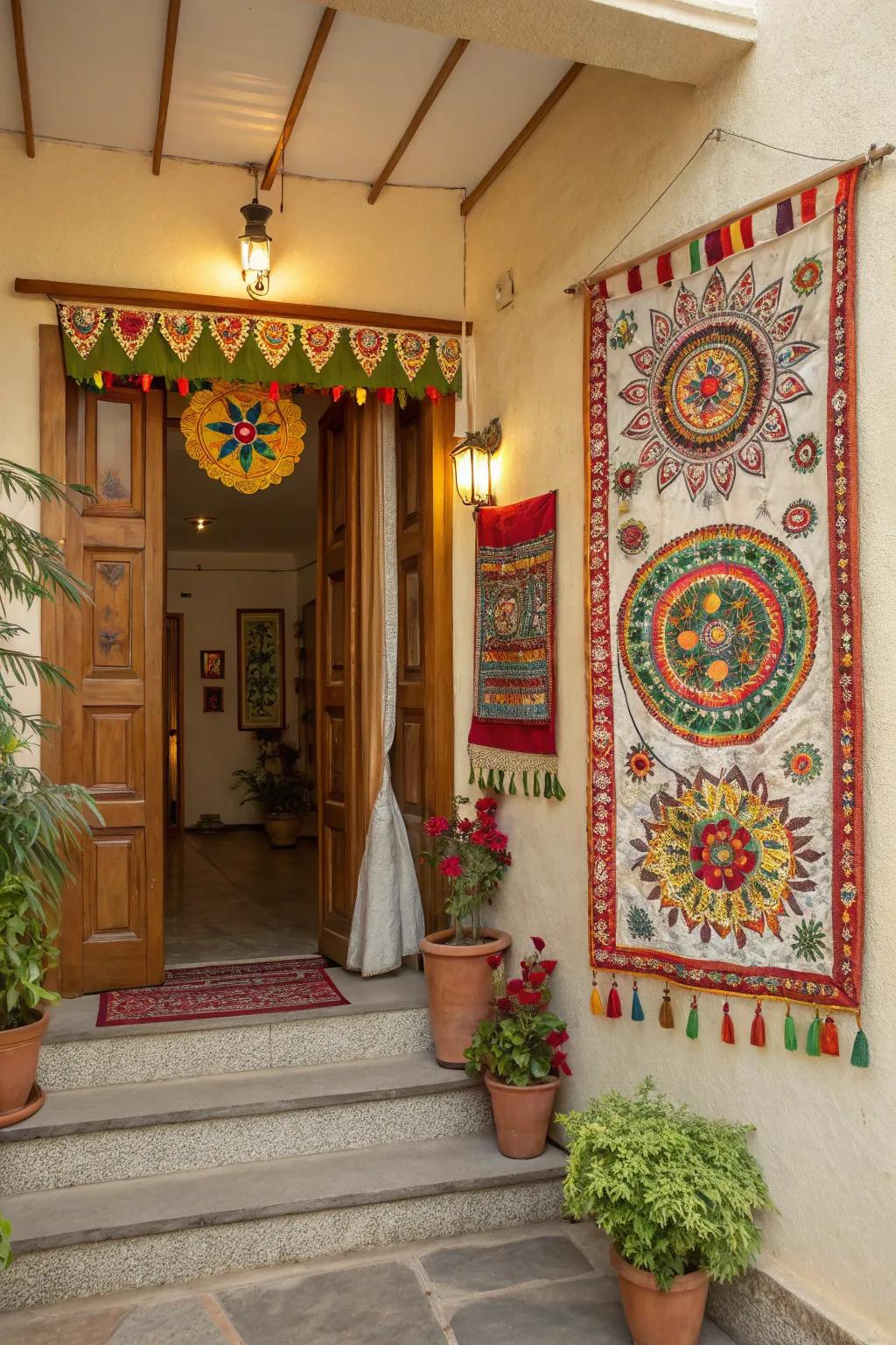 Artistic wall hangings enriching the cultural vibe of the entrance.