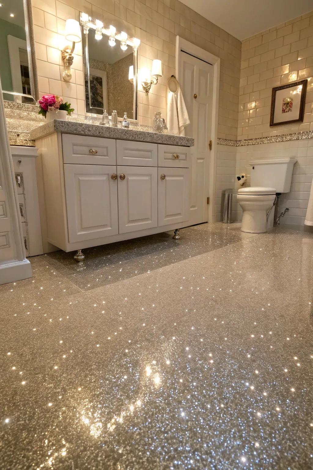 Sparkling glitter epoxy floor adding magic to a whimsical bathroom.