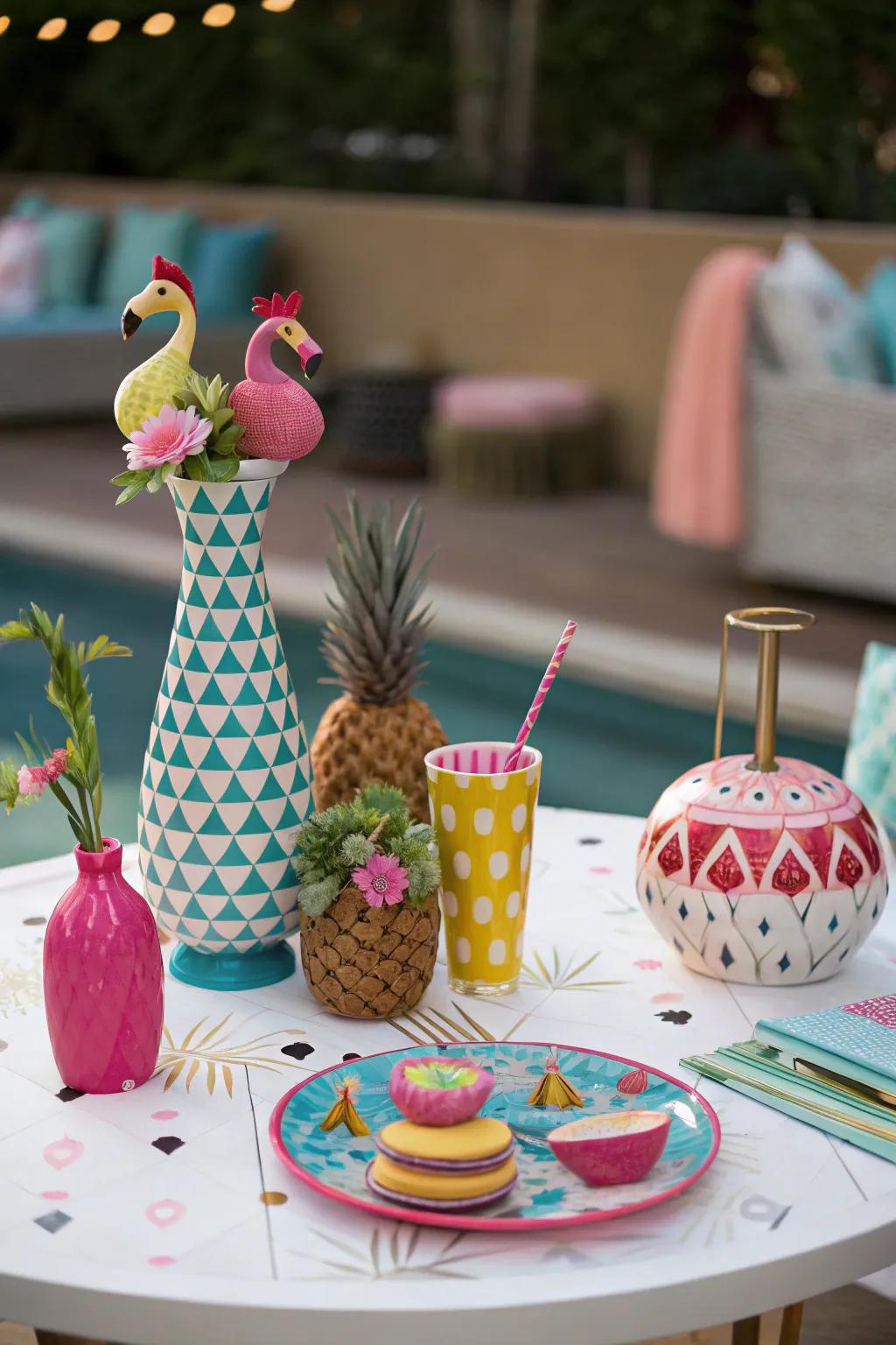 Whimsical cocktail table with playful decor accents.