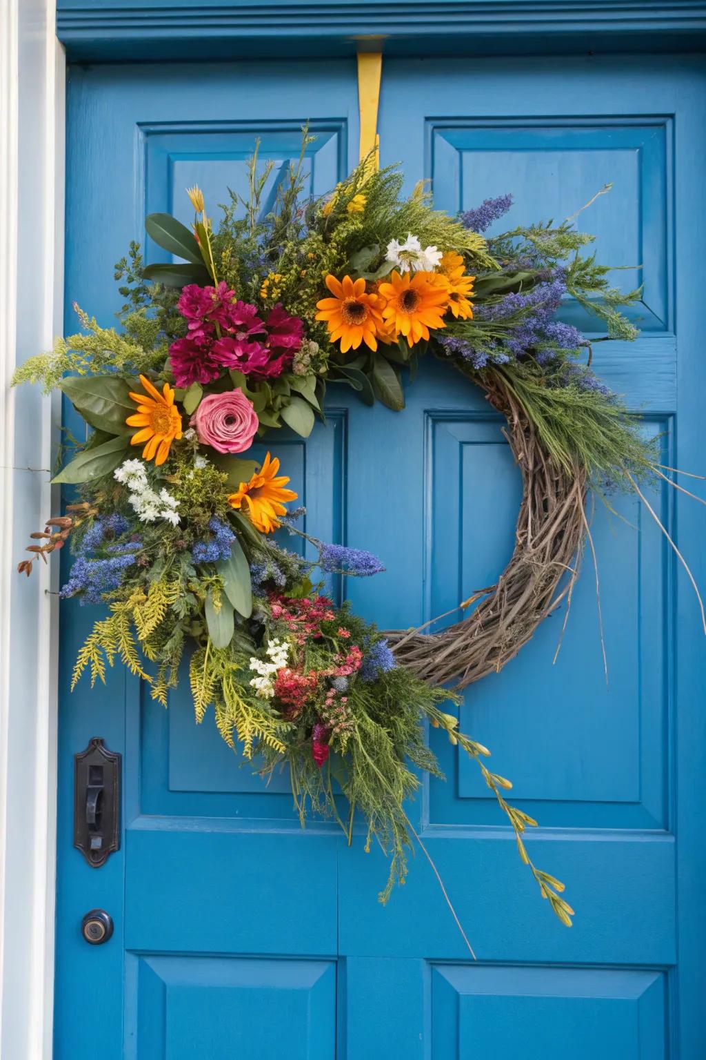 Seasonal flowers bring a burst of color and life to wreaths.