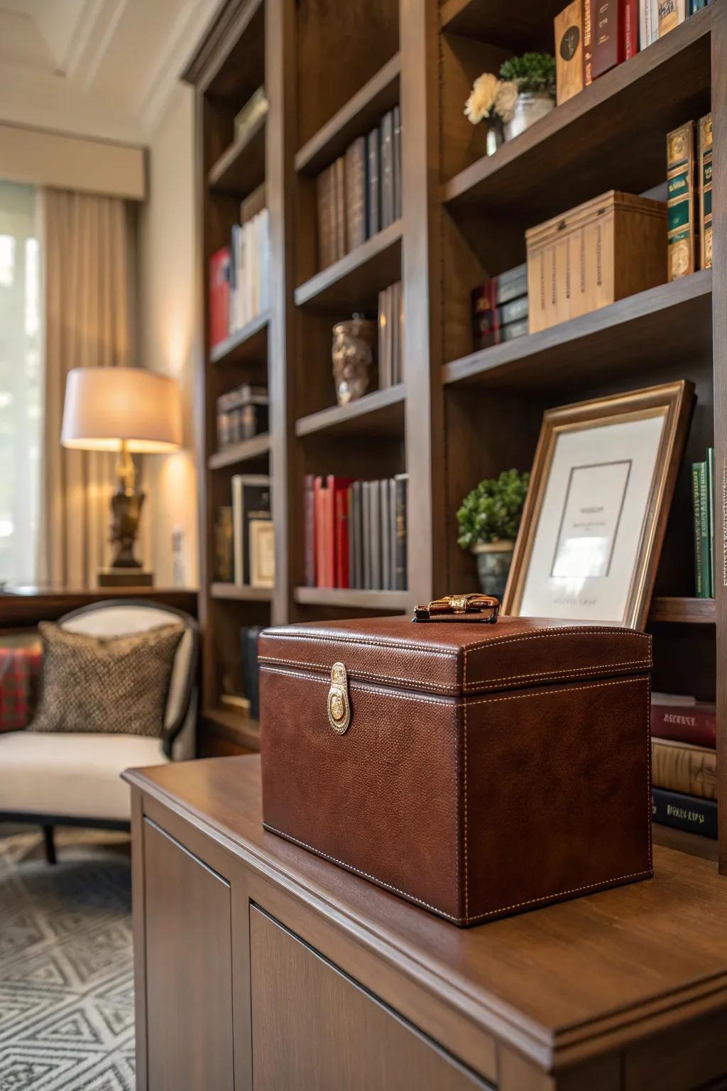 An elegant leather-bound suggestion box in a refined study.