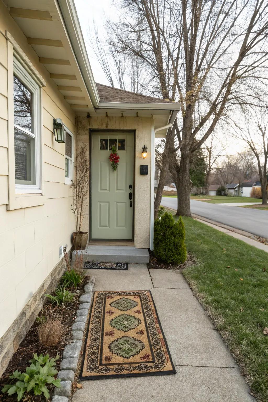 A textured doormat adds warmth and style to the entrance.