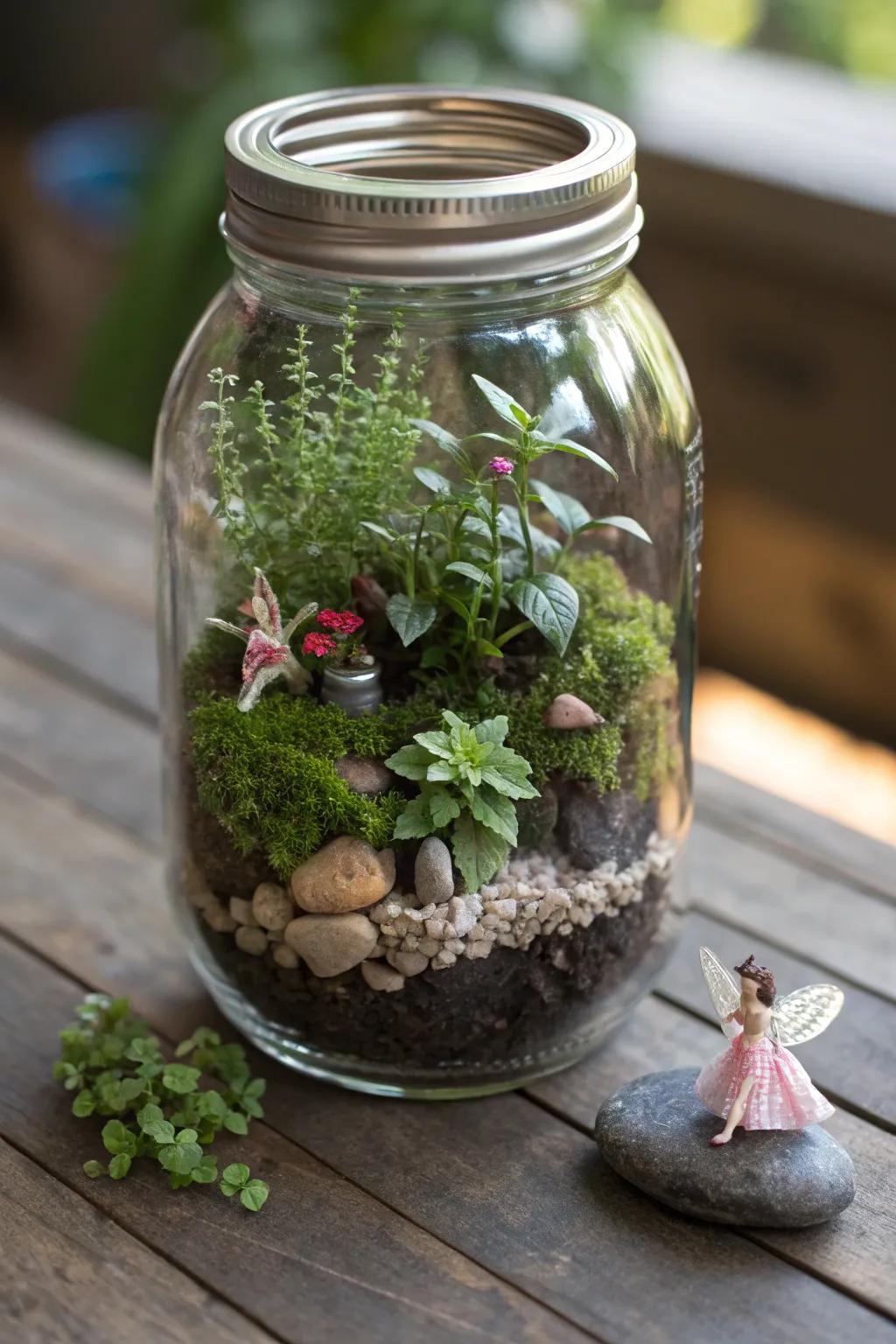 A mason jar terrarium captures a tiny world of enchantment.