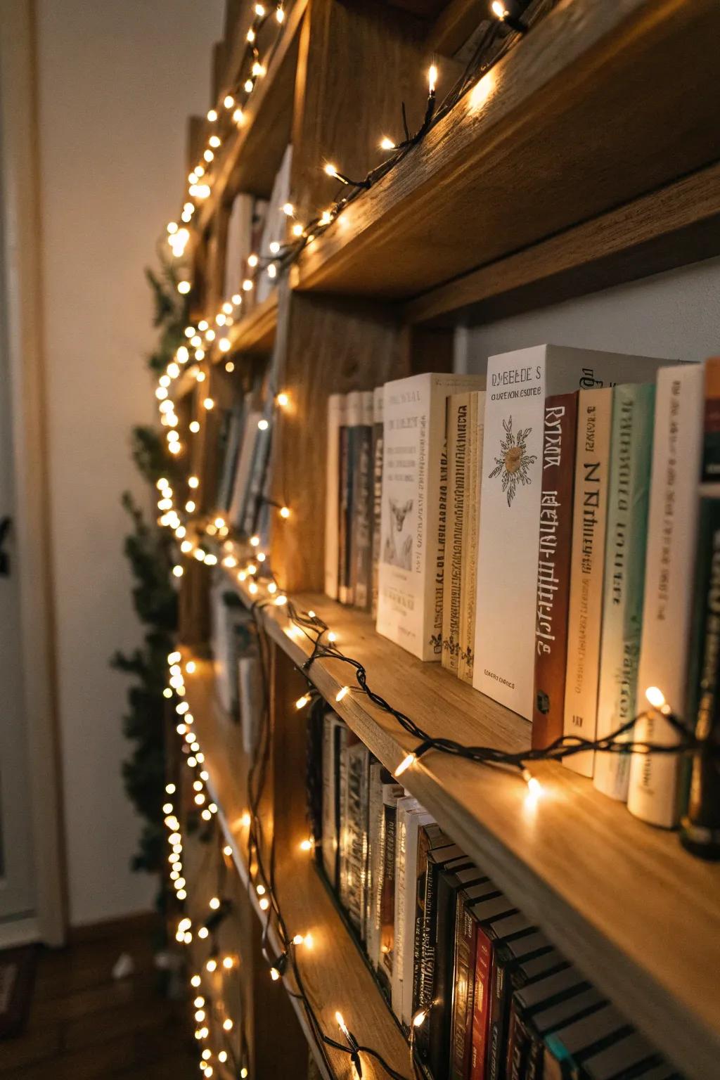 A bookcase enhanced by fairy lights, making books the highlight of the room.