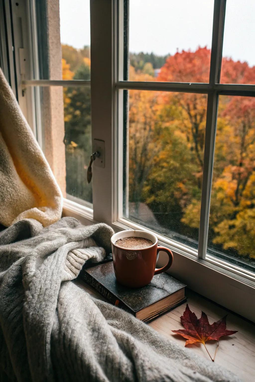 Relax with a warm mug of cocoa and an autumn view.